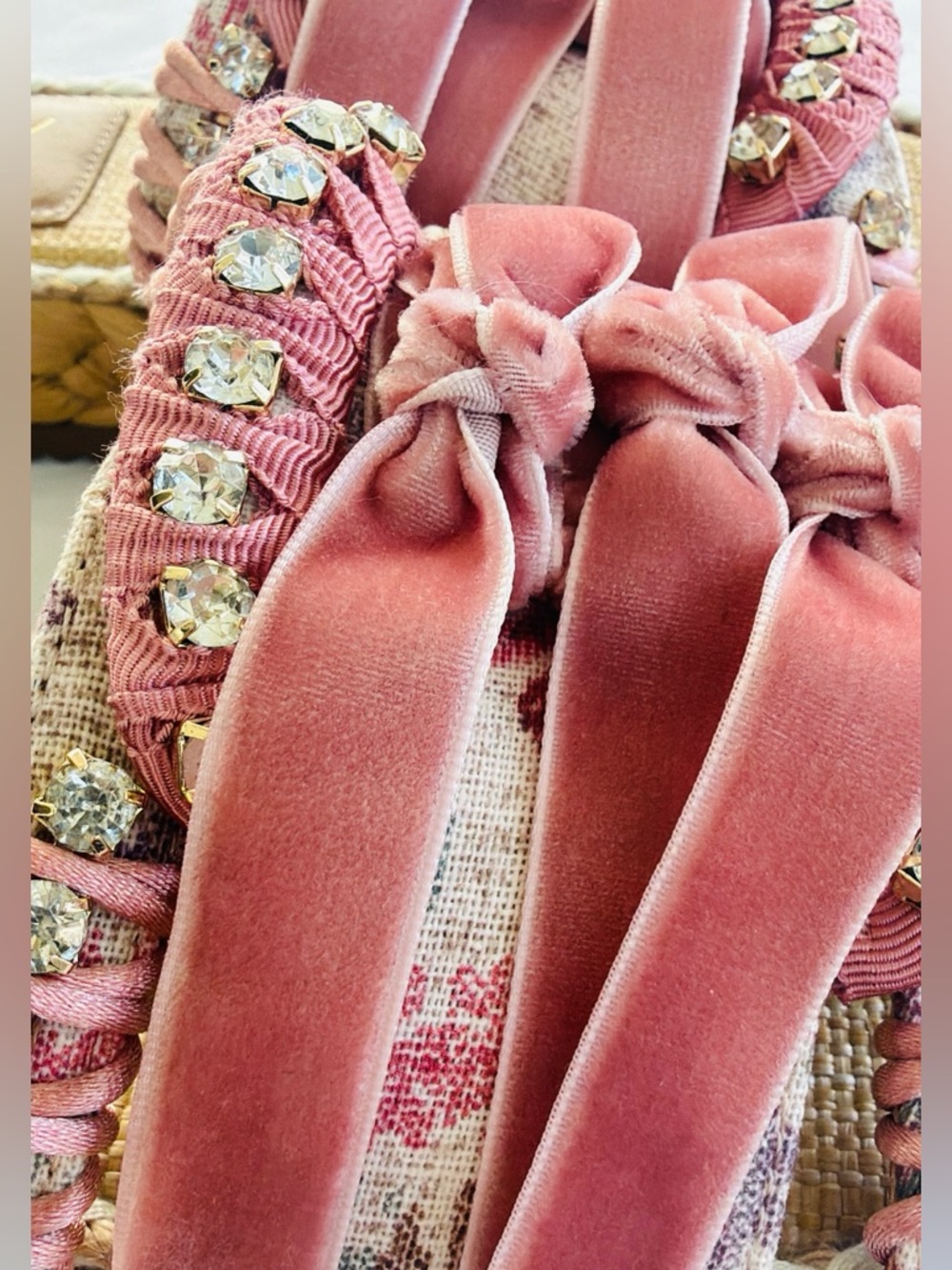 Sam Edelman Wyatt Sz 8 Pink Mixed media ribbon &  Rhinestone Sandals NEW - Picture 4 of 16